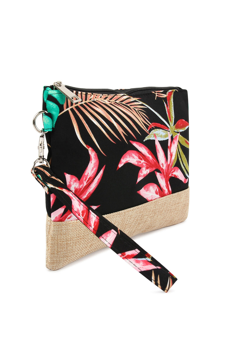 Black Tropical Print Wristlet Cosmetic Pouch - Pack of 6