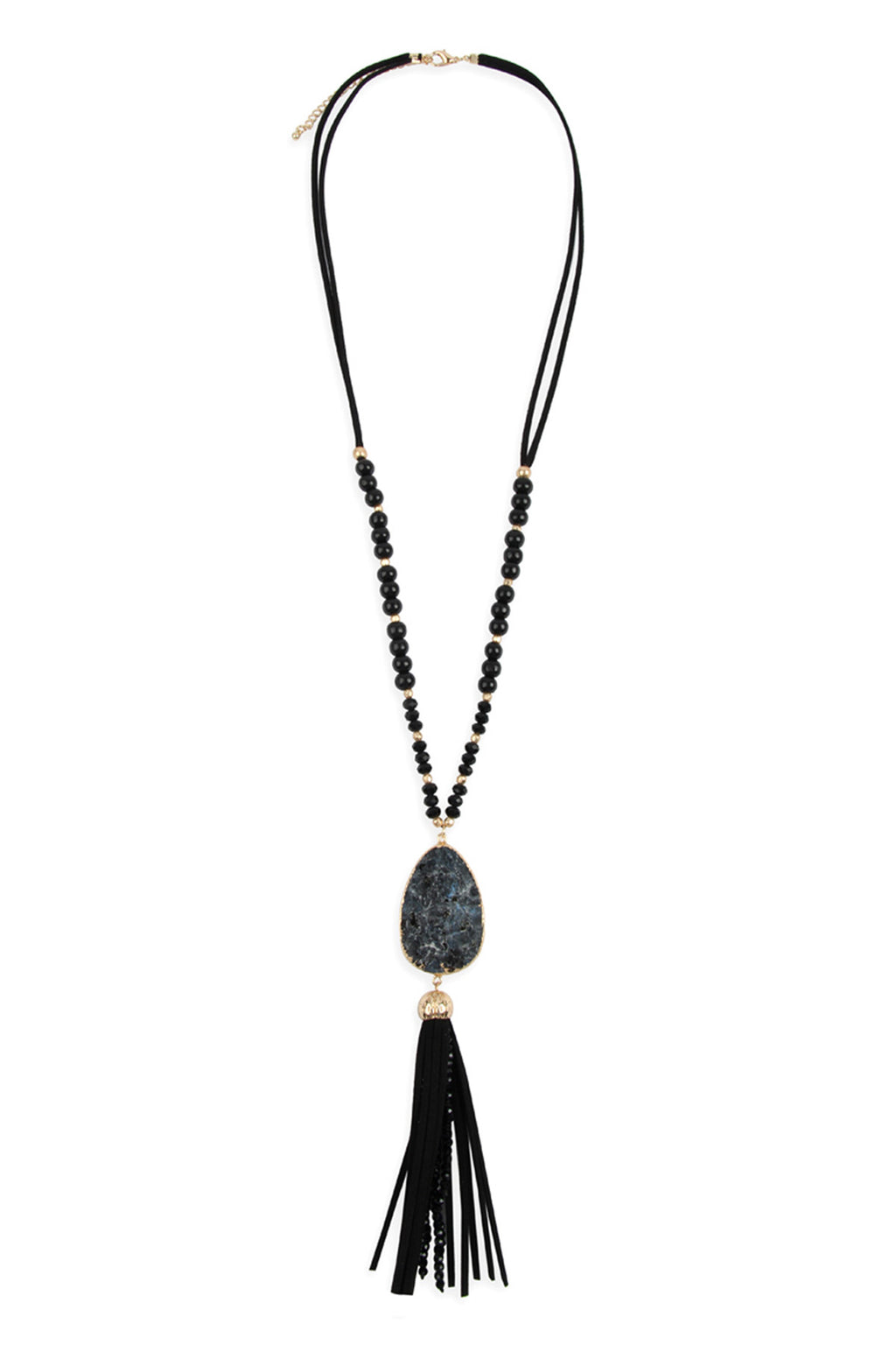 Black Natural Stone with Tassel Pendant Necklace - Pack of 6