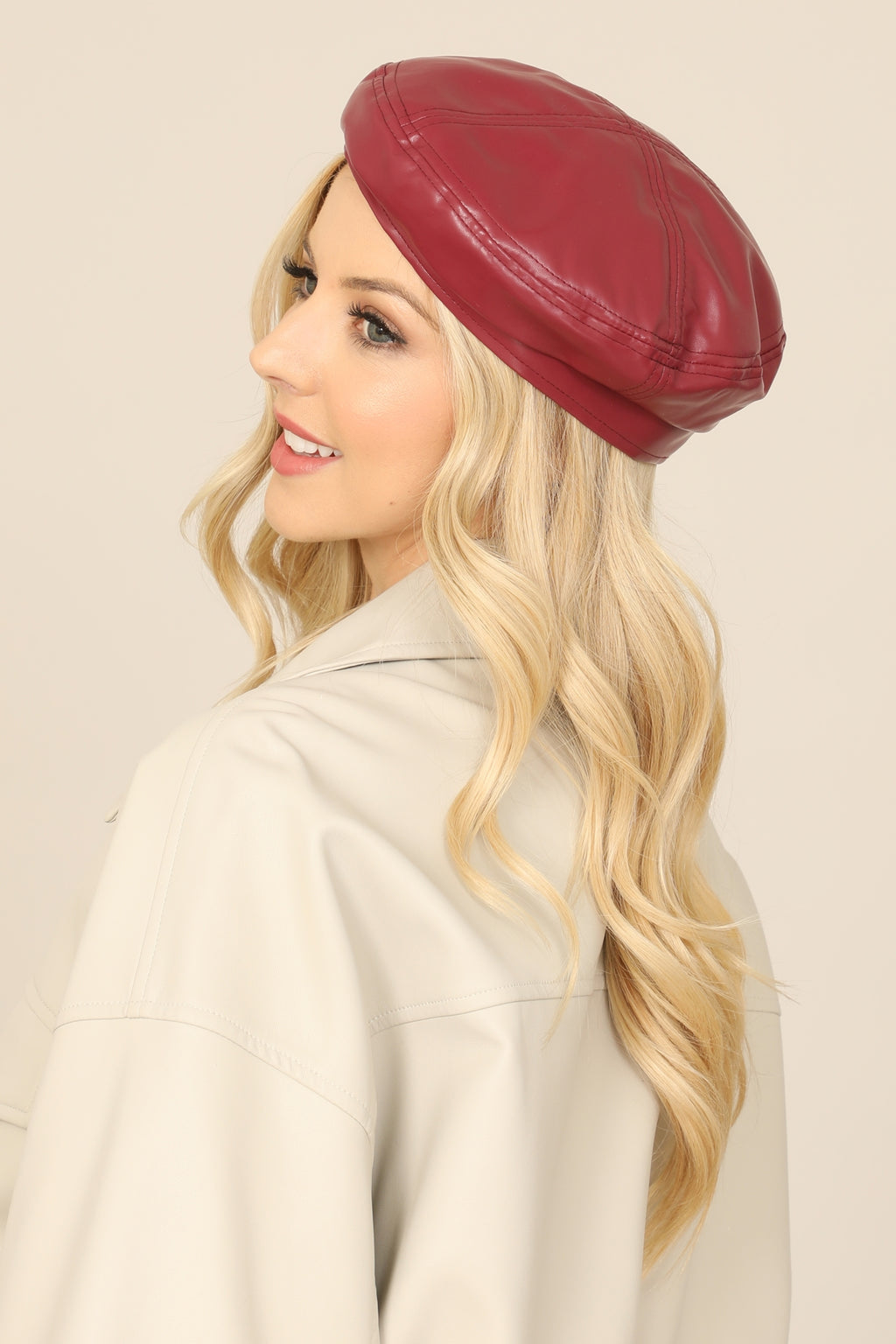 Classic PU Leather Beret Hat Burgundy - Pack of 6