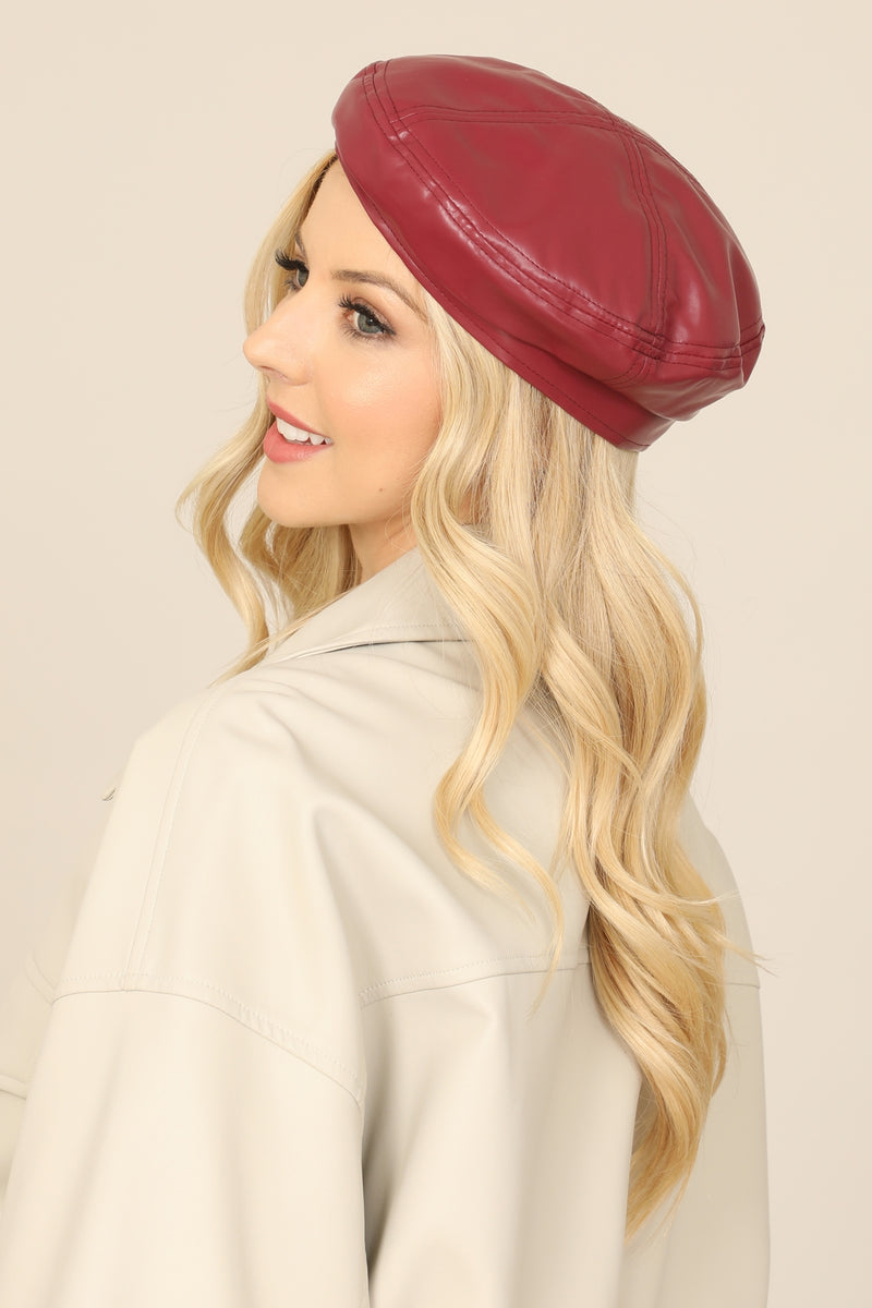 Classic PU Leather Beret Hat Burgundy - Pack of 6