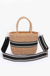 Stripe Detail Frayed Straw Bag with Zipper Closure, Inner Pocket Taupe - Pack of 6