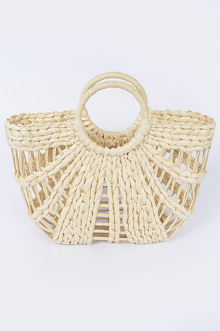 Stripe Detail Frayed Straw Bag with Zipper Closure, Inner Pocket Beige - Pack of 6