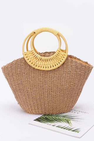 Stripe Detail Frayed Straw Bag with Zipper Closure, Inner Pocket Beige - Pack of 6