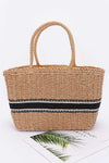 Stripe Detail Frayed Straw Bag with Zipper Closure, Inner Pocket Taupe - Pack of 6