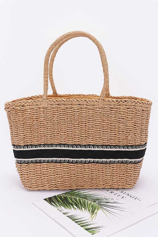 Striped Color Straw Crochet Tote Bag with Zipper Closure & Inner Pocket Navy - Pack of 6