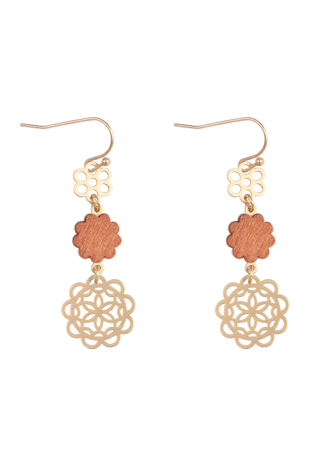 Moroccan  Flower Wood Metal Drop Link Earrings Brown - Pack of 6