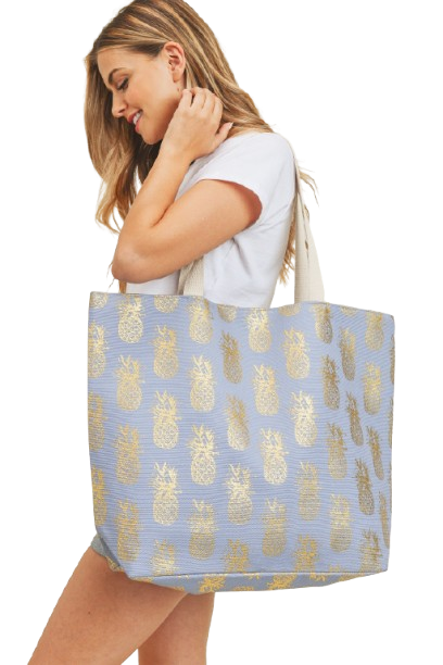 Gold Foil Pineapple Beach Bag Blue - Pack of 6