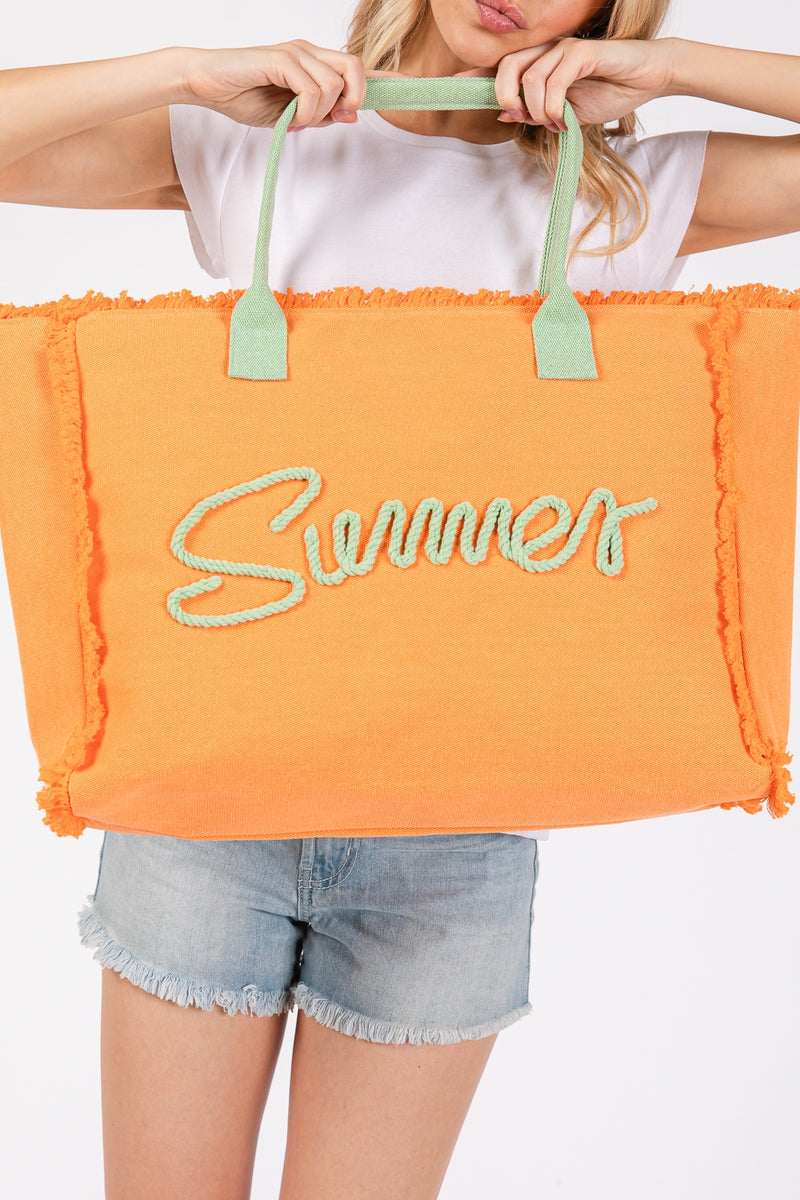 Sewn Rope Summer Letter Fringed Canvas Bag with Zipper Closure and Inner Pocket Orange - Pack of 6