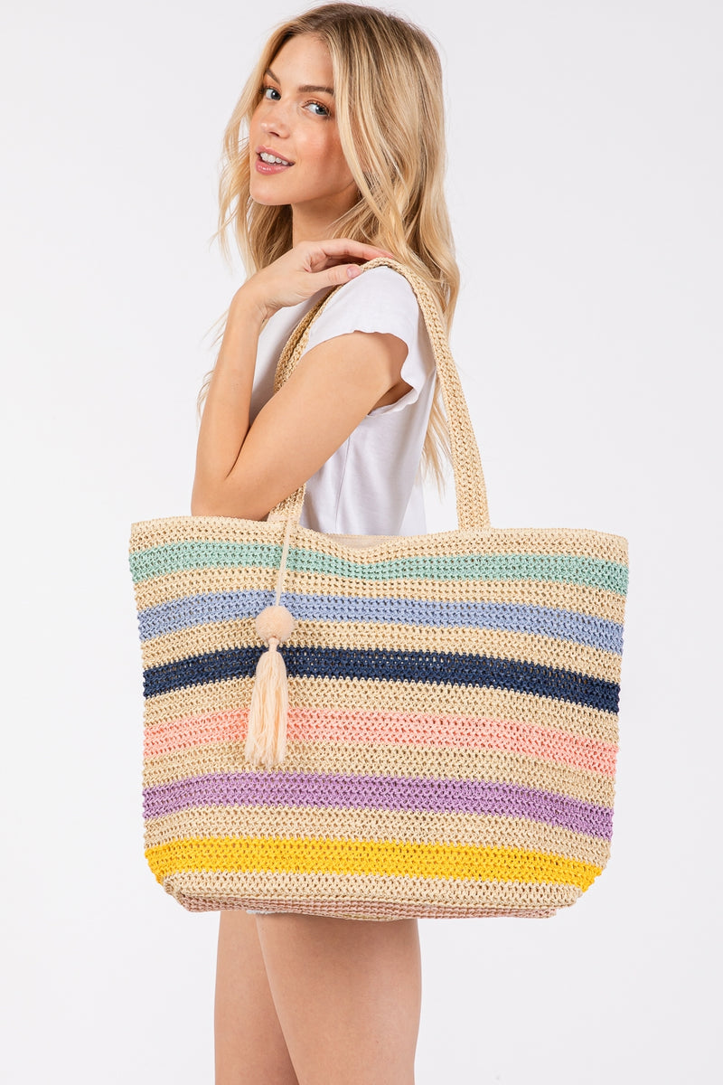 Pom Pom Tassel Multicolor Striped Straw Crochet Tote Bag with Zipper Closure and Inner Pocket Blue - Pack of 6