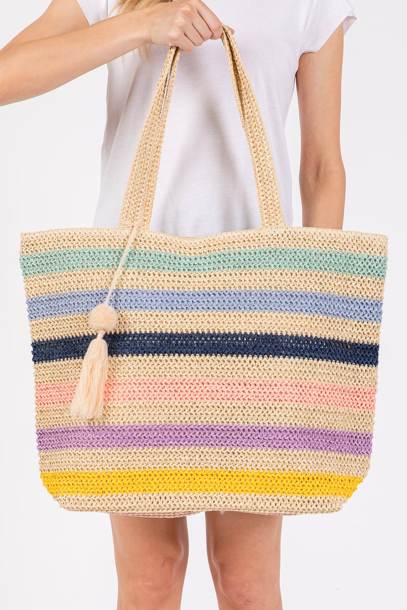 Pom Pom Tassel Multicolor Striped Straw Crochet Tote Bag with Zipper Closure and Inner Pocket Blue - Pack of 6