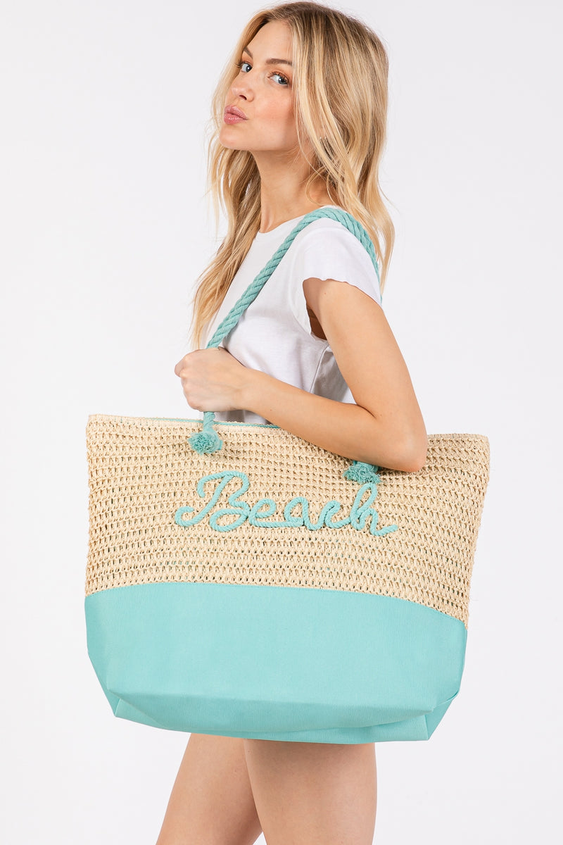 Color Sewn Beach Letter and Strap Crochet, Fabric Tote Bag Blue - Pack of 6