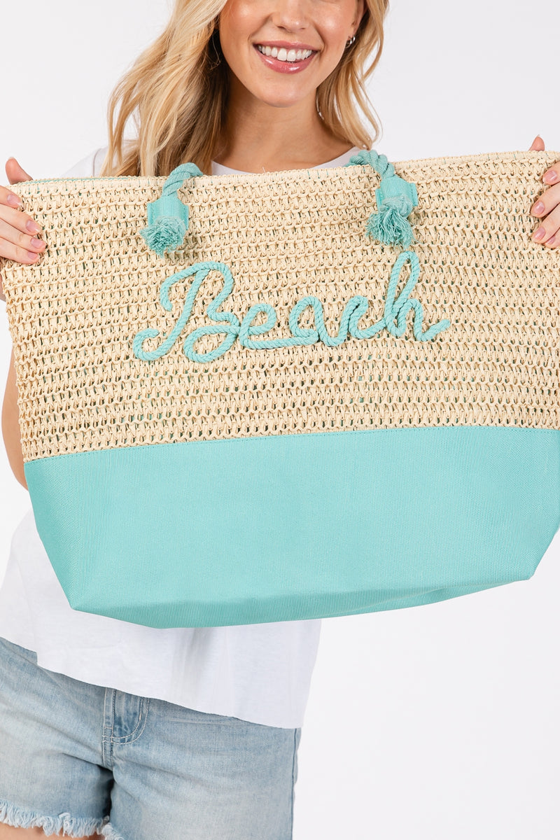 Color Sewn Beach Letter and Strap Crochet, Fabric Tote Bag Blue - Pack of 6