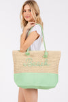 Color Sewn Beach Letter and Strap Crochet, Fabric Tote Bag Green - Pack of 6