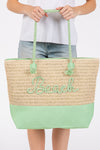 Color Sewn Beach Letter and Strap Crochet, Fabric Tote Bag Green - Pack of 6