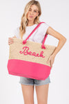 Color Sewn Beach Letter and Strap Crochet, Fabric Tote Bag Hot Pink - Pack of 6