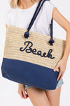 Color Sewn Beach Letter and Strap Crochet, Fabric Tote Bag Navy - Pack of 6