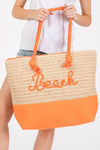 Color Sewn Beach Letter and Strap Crochet, Fabric Tote Bag Orange - Pack of 6