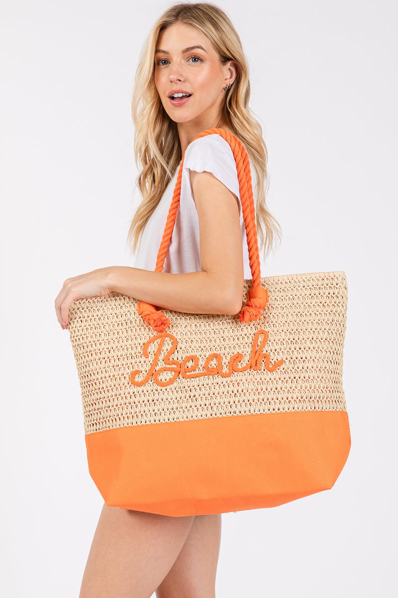 Color Sewn Beach Letter and Strap Crochet, Fabric Tote Bag Orange - Pack of 6