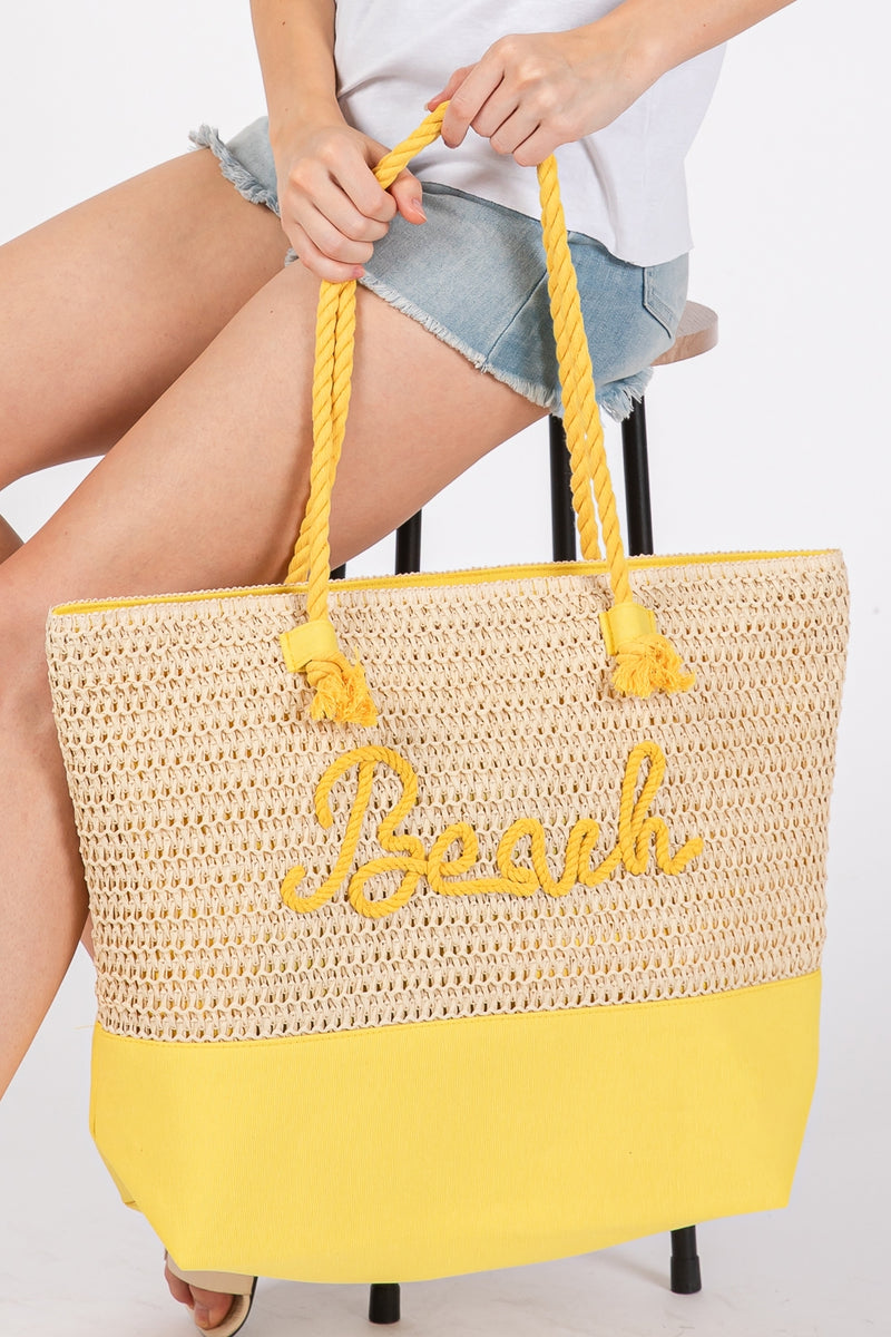 Color Sewn Beach Letter and Strap Crochet, Fabric Tote Bag Yellow - Pack of 6