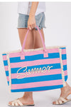 Sewn Rope Summer Letter Fringe Striped Tote Bag with Magnetic Closure and Inner Pocket Royal Blue Pink - Pack of 6