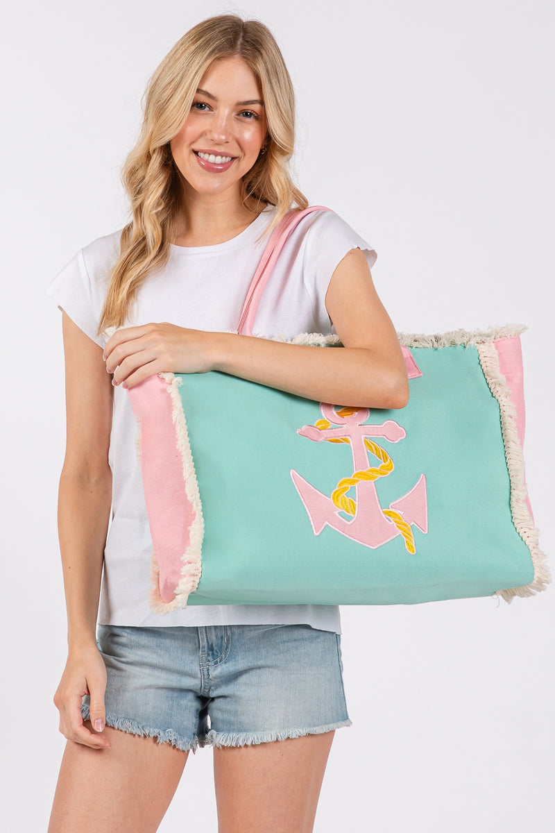 Embroidered Anchor Patch Fringe Tote Bag with Magnetic Closure and Inner Pocket Anchor - Pack of 6