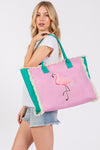 Embroidered Anchor Patch Fringe Tote Bag with Magnetic Closure and Inner Pocket Flamingo - Pack of 6