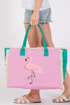 Embroidered Anchor Patch Fringe Tote Bag with Magnetic Closure and Inner Pocket Flamingo - Pack of 6