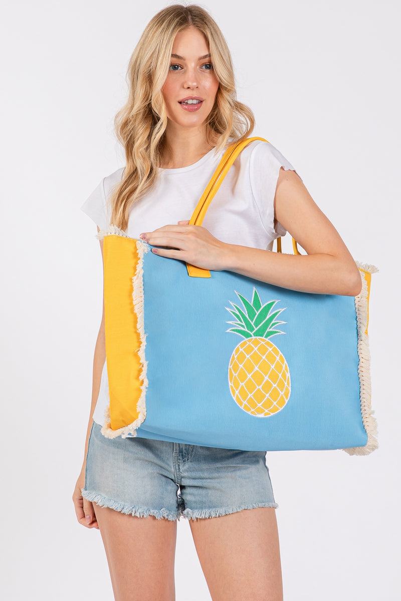 Embroidered Anchor Patch Fringe Tote Bag with Magnetic Closure and Inner Pocket Pineapple - Pack of 6