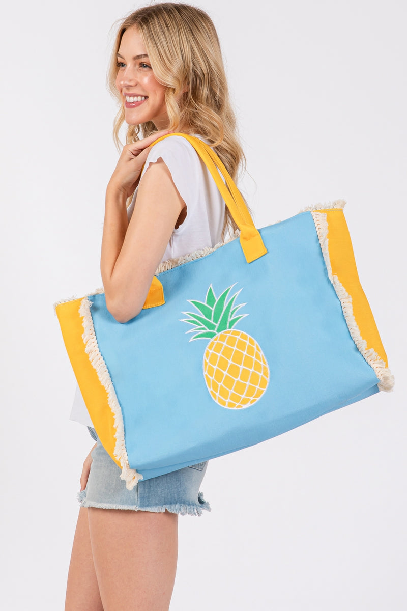 Embroidered Anchor Patch Fringe Tote Bag with Magnetic Closure and Inner Pocket Pineapple - Pack of 6