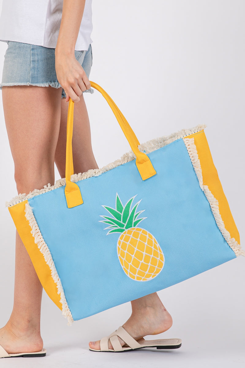 Embroidered Anchor Patch Fringe Tote Bag with Magnetic Closure and Inner Pocket Pineapple - Pack of 6