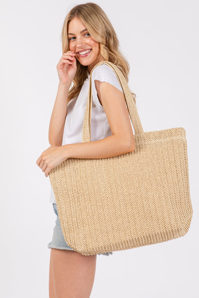 Solid Crochet Straw Bag Zipper Closure and Inner Pocket Beige - Pack of 6