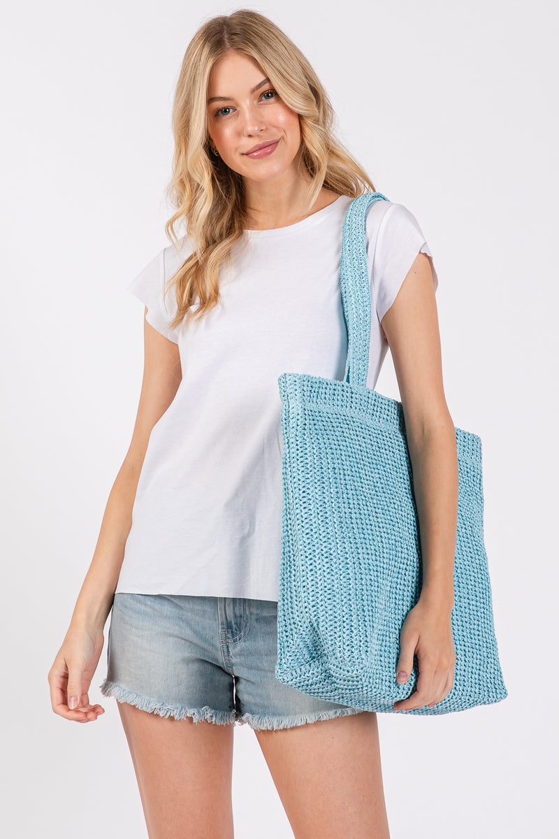 Solid Crochet Straw Bag Zipper Closure and Inner Pocket Blue - Pack of 6