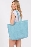 Solid Crochet Straw Bag Zipper Closure and Inner Pocket Blue - Pack of 6