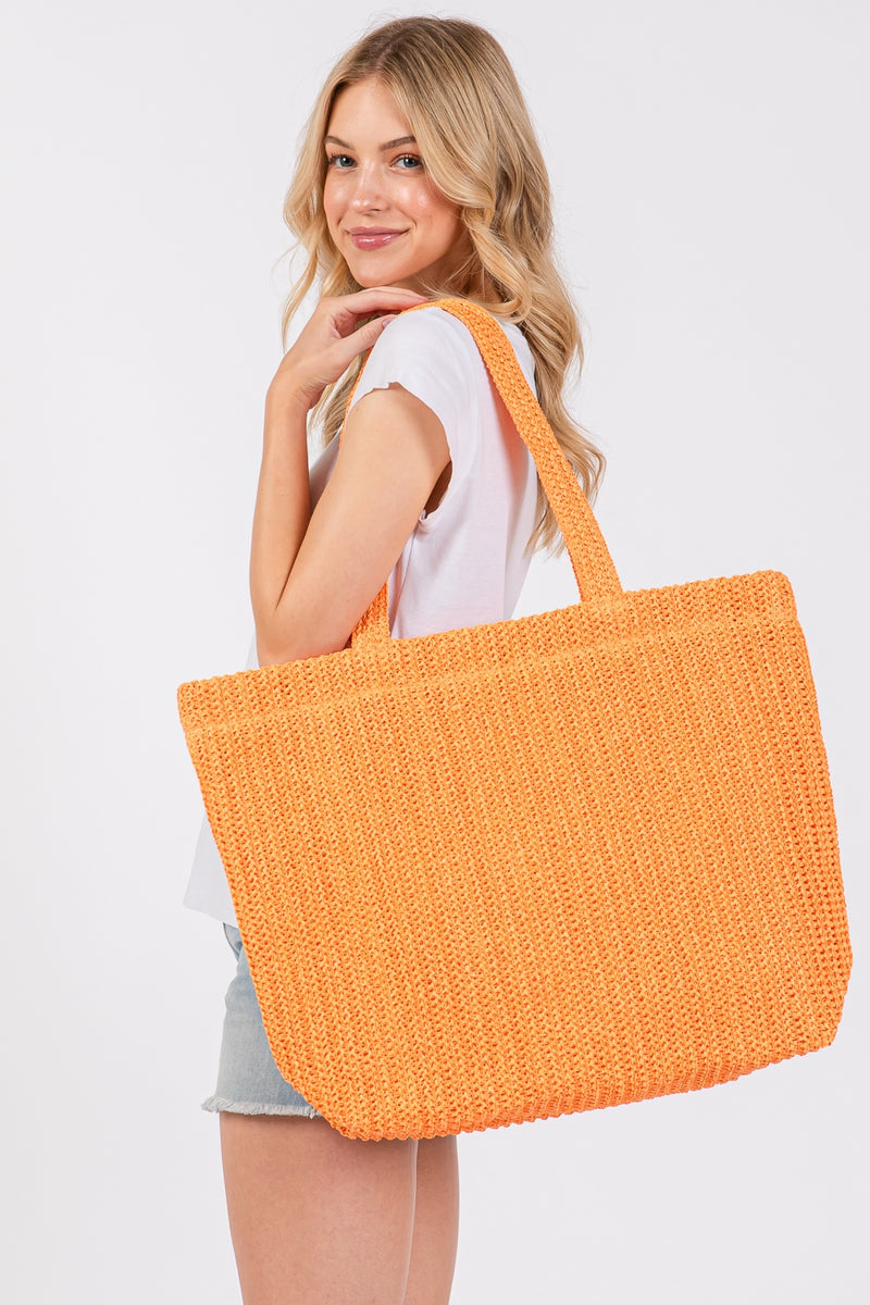 Solid Crochet Straw Bag Zipper Closure and Inner Pocket Orange - Pack of 6