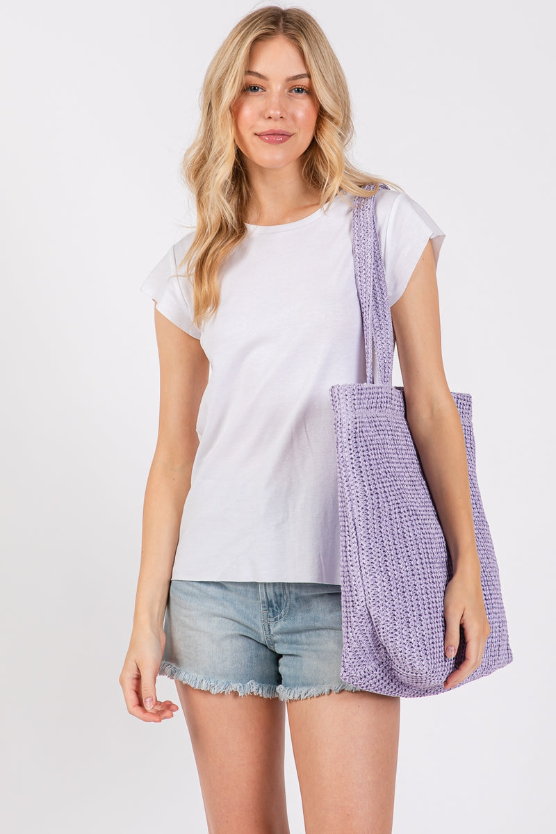 Solid Crochet Straw Bag Zipper Closure and Inner Pocket Purple - Pack of 6