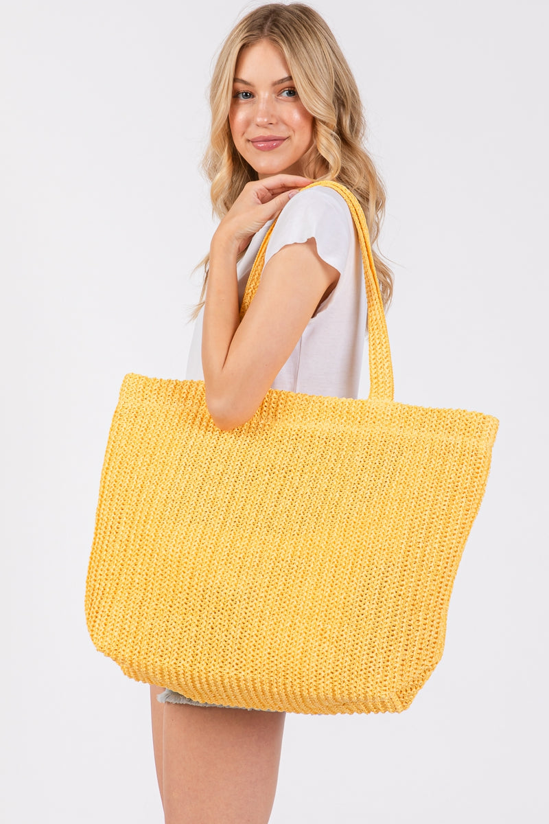 Solid Crochet Straw Bag Zipper Closure and Inner Pocket Yellow - Pack of 6