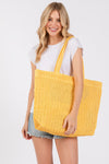 Solid Crochet Straw Bag Zipper Closure and Inner Pocket Yellow - Pack of 6