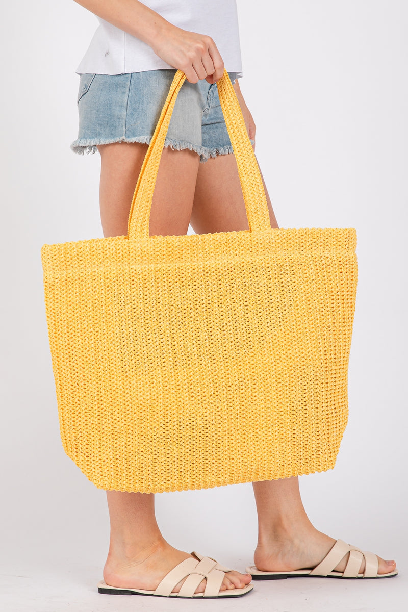 Solid Crochet Straw Bag Zipper Closure and Inner Pocket Yellow - Pack of 6