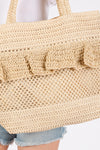 Ruffle Detail Crochet Straw Bag with Magnetic Closure and Inner Pocket Beige - Pack of 6