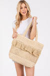 Ruffle Detail Crochet Straw Bag with Magnetic Closure and Inner Pocket Beige - Pack of 6