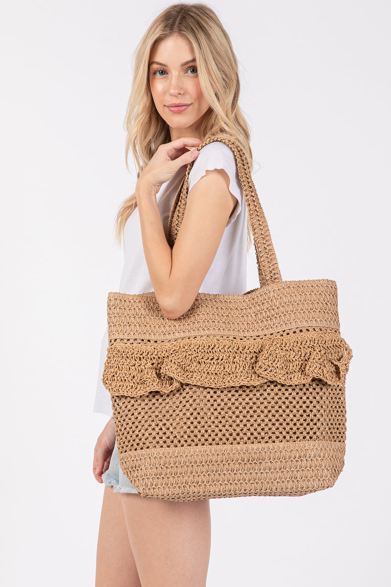 Ruffle Detail Crochet Straw Bag with Magnetic Closure and Inner Pocket Taupe - Pack of 6