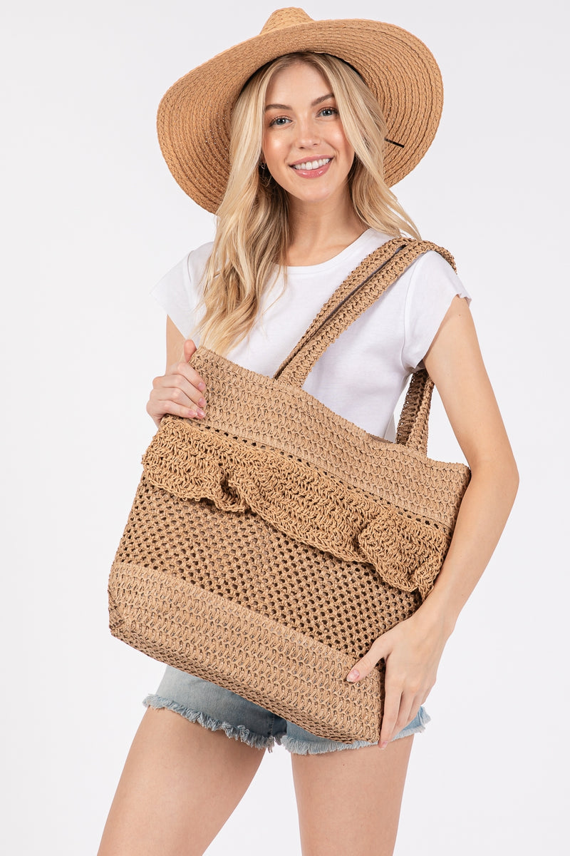 Ruffle Detail Crochet Straw Bag with Magnetic Closure and Inner Pocket Taupe - Pack of 6