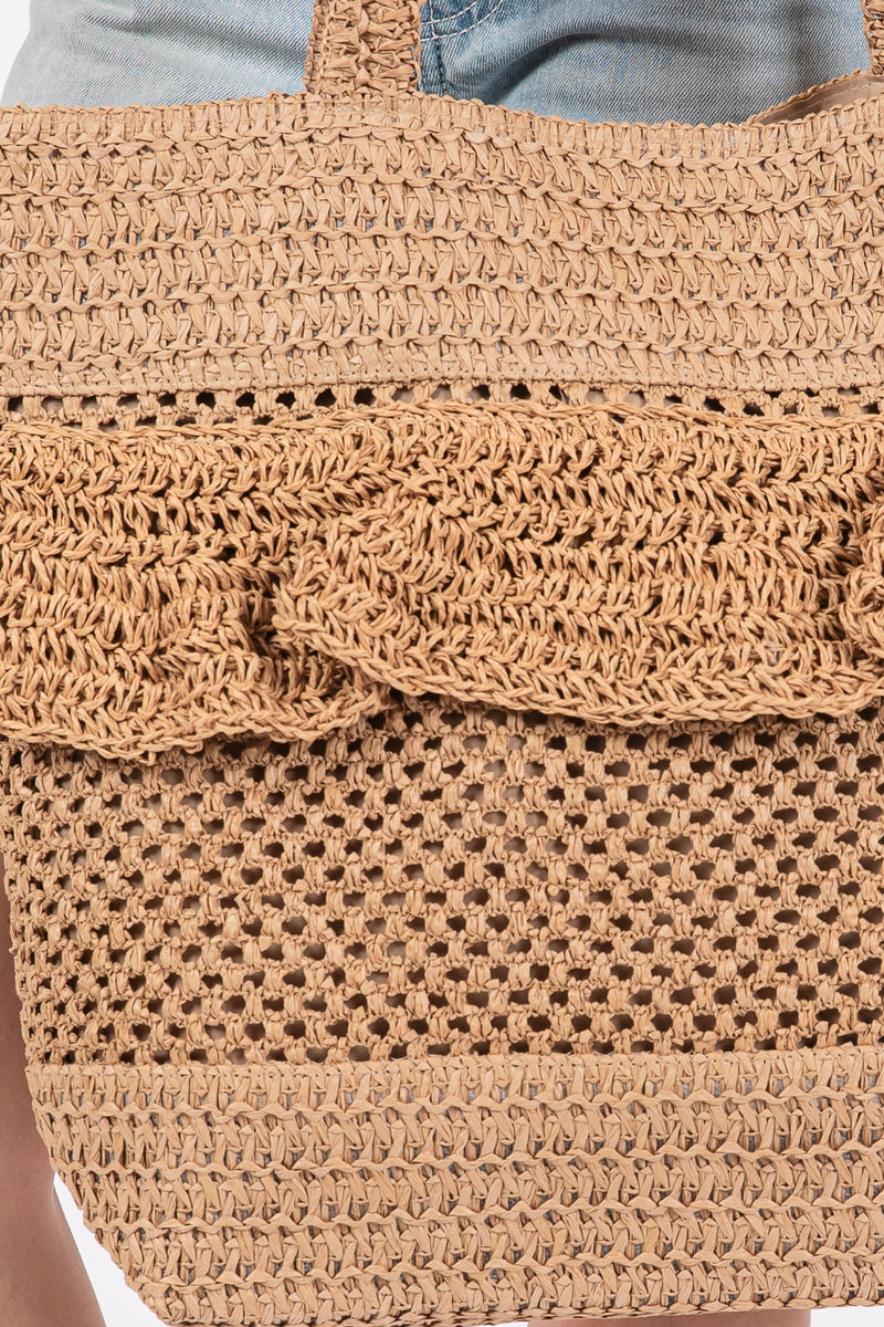 Ruffle Detail Crochet Straw Bag with Magnetic Closure and Inner Pocket Taupe - Pack of 6