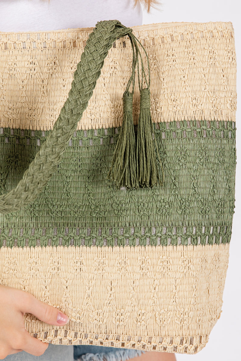 Two Tone Woven Straw Bag with Magnetic Closure and Inner Pocket Olive - Pack of 6