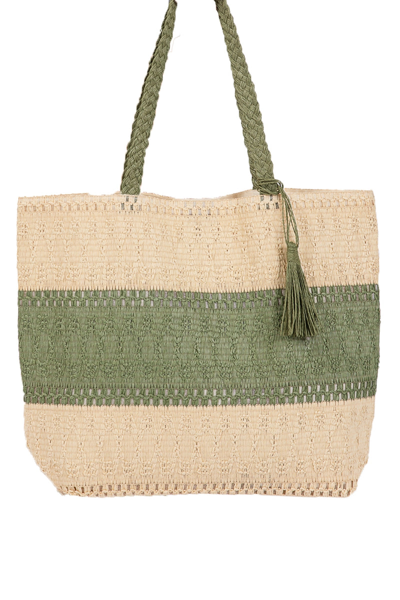 Two Tone Woven Straw Bag with Magnetic Closure and Inner Pocket Olive - Pack of 6