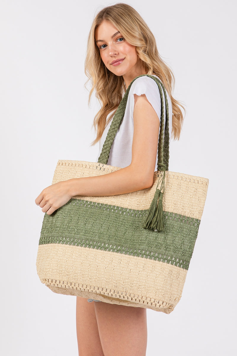 Two Tone Woven Straw Bag with Magnetic Closure and Inner Pocket Olive - Pack of 6