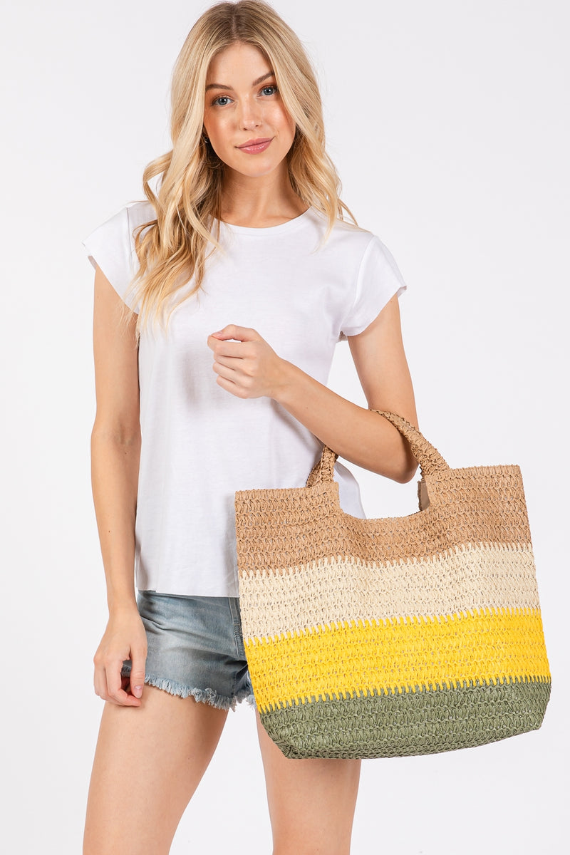 Multicolor Stripe Tote Bag with Magnetic Closure and Inner Pocket Mustard - Pack of 6