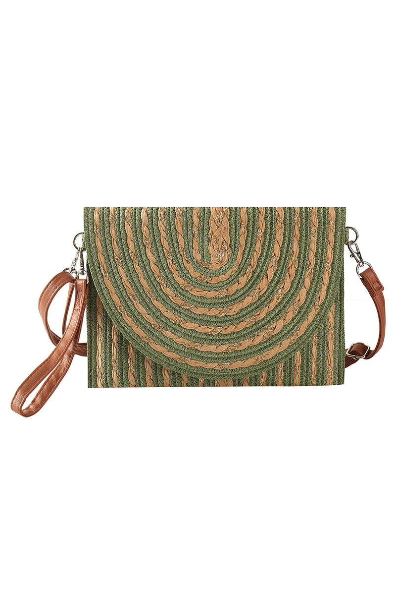 Gold Thread Mixed Color Straw and Clutch and Crossbody Bag Olive - Pack of 6