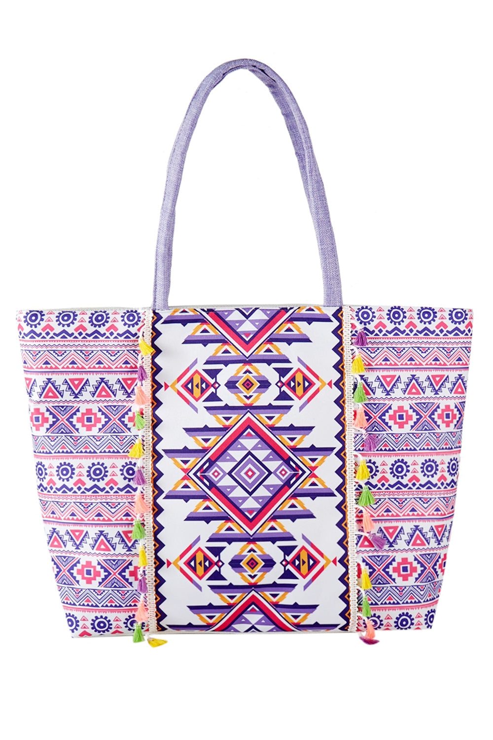 Boho Print Fringe Tote Bag Zipper Closure Inner Pocket Purple - Pack of 6