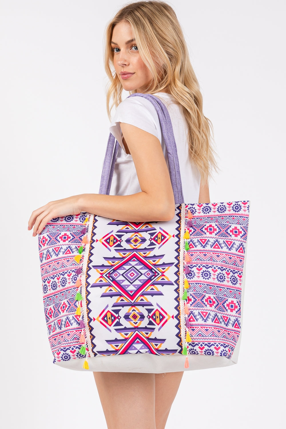 Boho Print Fringe Tote Bag Zipper Closure Inner Pocket Purple - Pack of 6